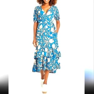 Knox Rose Blue and Cream Wrap Midi Dress with Puff Sleeves...SIZE:L